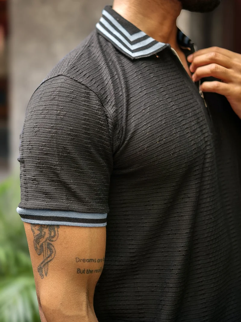 Maniac  Maniac Mens textured half zipper polo neck half sleeve black and light grey cotton polo t-shirt for Men | Best Price UAE